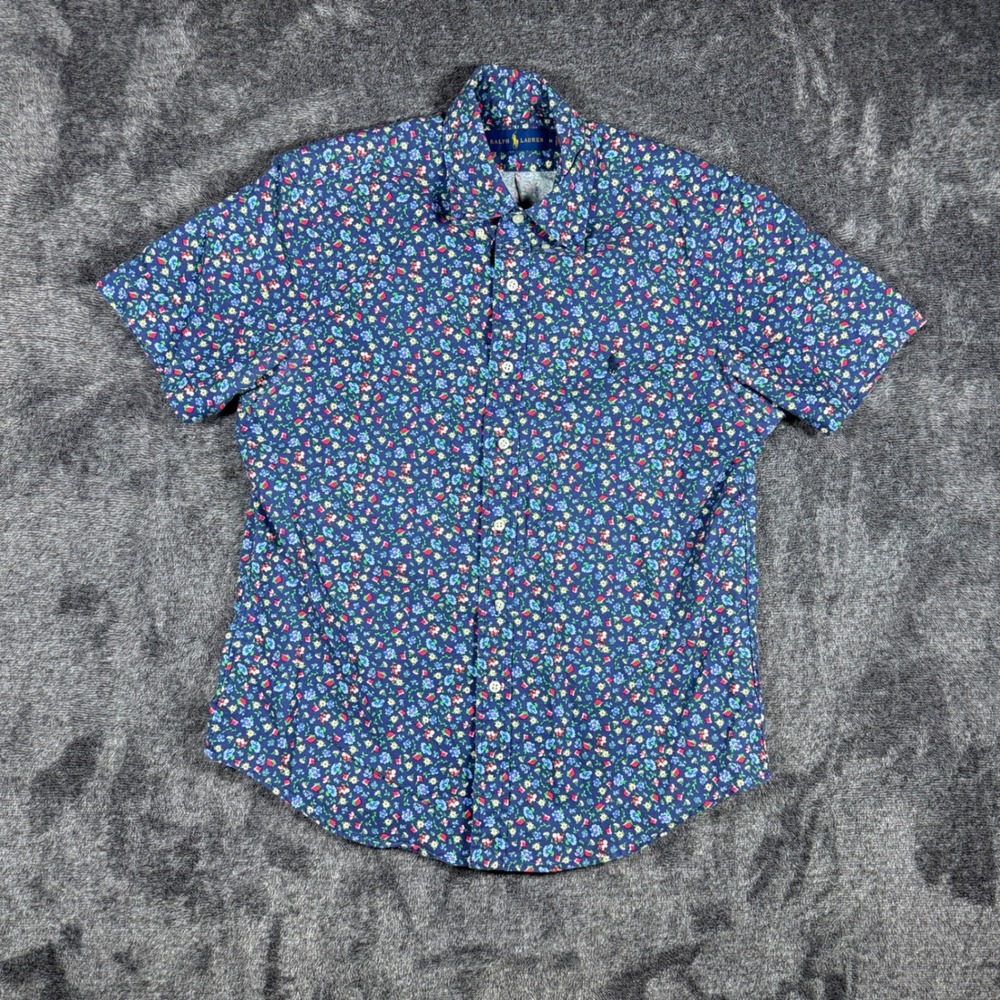 Ralph Lauren Mens Navy Blue Floral Cotton Short Sleeve Button Up Shirt Size M